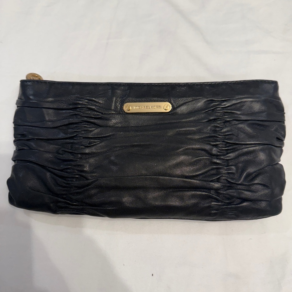 Michael Kors Black Leather Clutch Bag with Gold Hardware